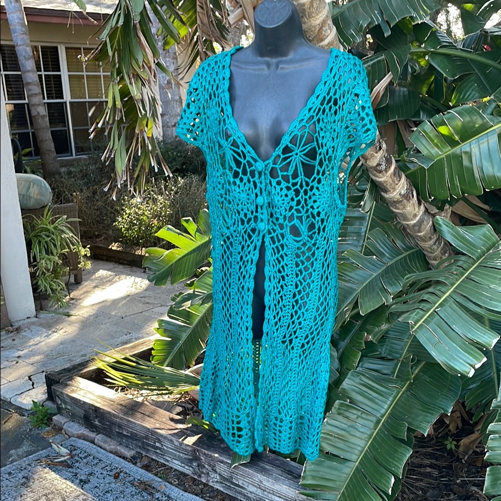 Handmade Teal Crochet Cover-Up duster